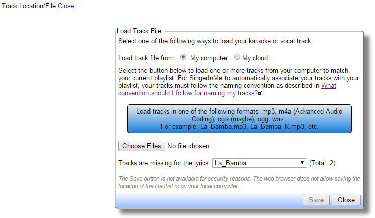 Load Track File dialog