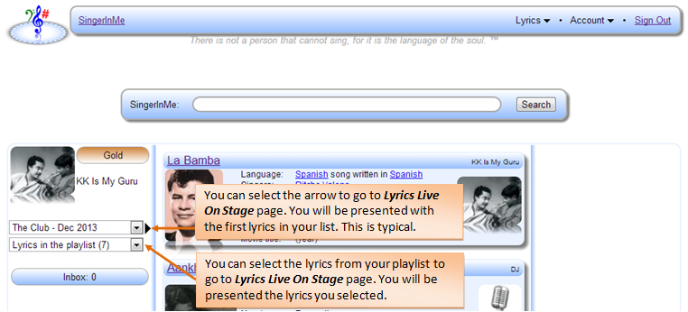 Selecting playlist or lyrics to go to Lyrics Live On Stage page