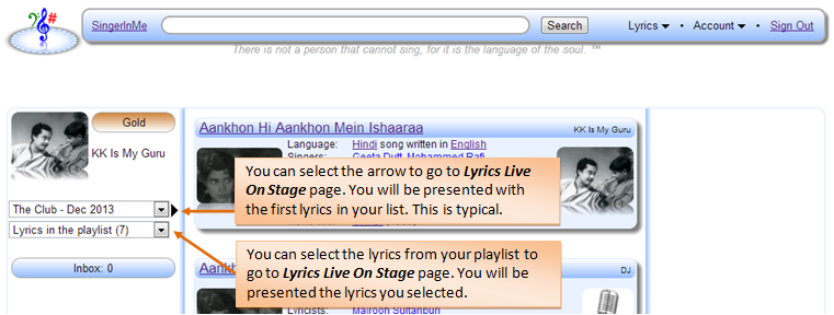 Selecting playlist or lyrics to go to Lyrics Live On Stage page
